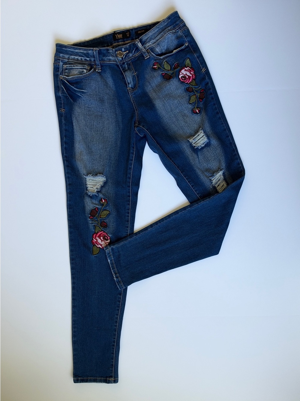 YMI Blue Skinny Distressed Jeans with Rose Embroidery